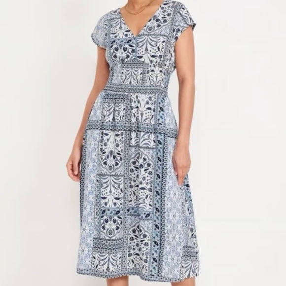 NWT Cottagecore Blue White Floral Midi Dress V Neck Cotton Boho Block Print XL - Picture 1 of 11